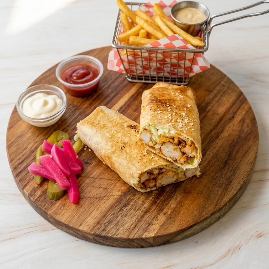 Chicken shawarma wrap with fries and dipping sauces at a Lebanese restaurant in north Edmonton