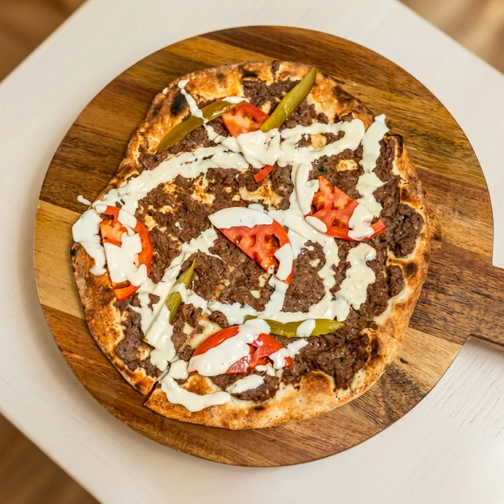 Lebanese lahm bi ajeen manakeesh with yogurt sauce near Beaumaris, Edmonton