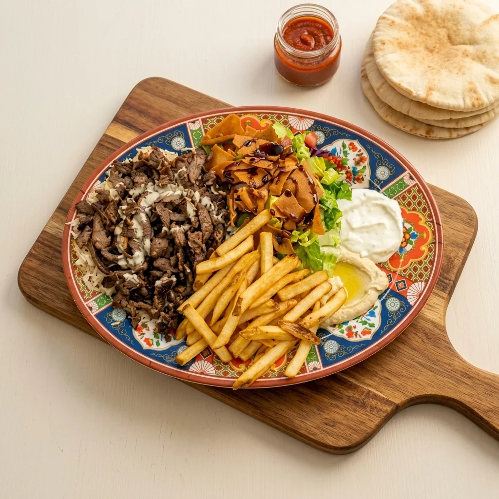 Chicken and beef shawarma plate with fries and garlic sauce at 137 Ave Mediterranean Cuisine in north Edmonton