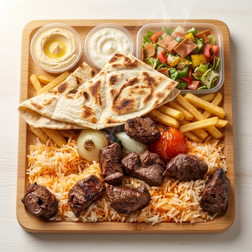 Lebanese beef kebab platter with rice, pita and hummus at 137 Ave Mediterranean Cuisine in Castle Downs, Edmonton