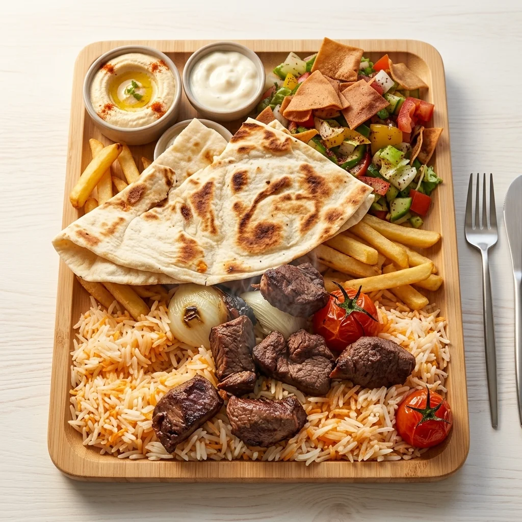 Beef kebab platter with rice, pita and hummus at 137 Ave Mediterranean Cuisine in Castle Downs, Edmonton